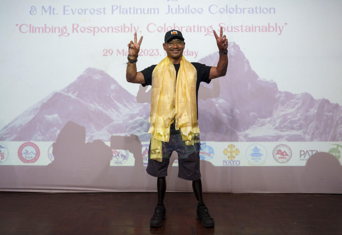 Hari Budha Magar, former Gurkha veteran and double amputee climber who scaled Mount Everest poses for a photo on the 70 anniversary of the first ascent of Mount Everest in Kathmandu, Nepal, Monday, May 29, 2023. (File/AP)