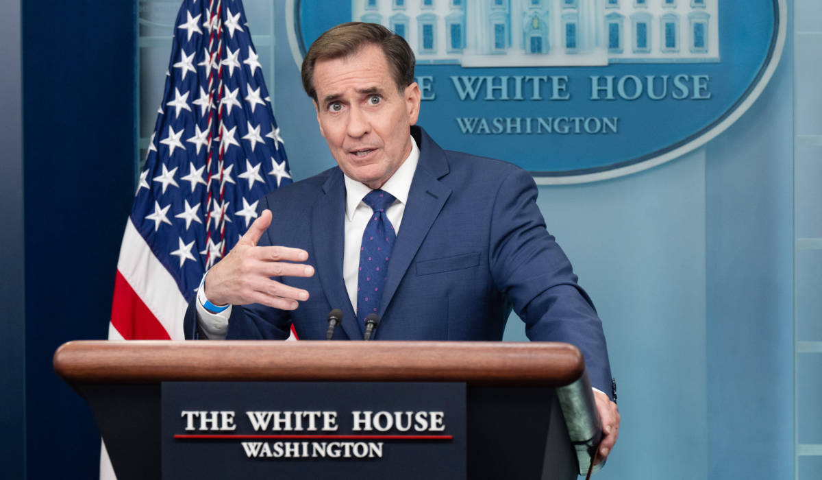 National Security Council Coordinator for Strategic Communications John Kirby speaks during the daily briefing in the Brady Press Briefing Room of the White House in Washington, DC, on May 16, 2023. (AFP)
