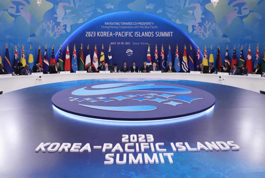 Above, South Korea and the Pacific Islands Forum leaders and senior officials attend the Korea-Pacific Islands Summit in Seoul on May 29, 2023. (AP)