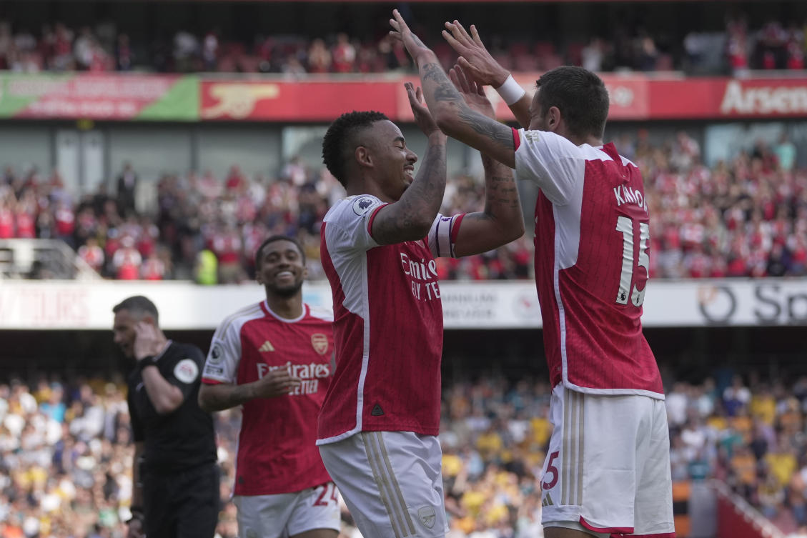 Arsenal’s Jakub Kiwior celebrates after scoring his side’s fifth goal during their English Premier League match against Wolverhampton Wanderers at the Emirates Stadium in London on May 28, 2023. (AP)