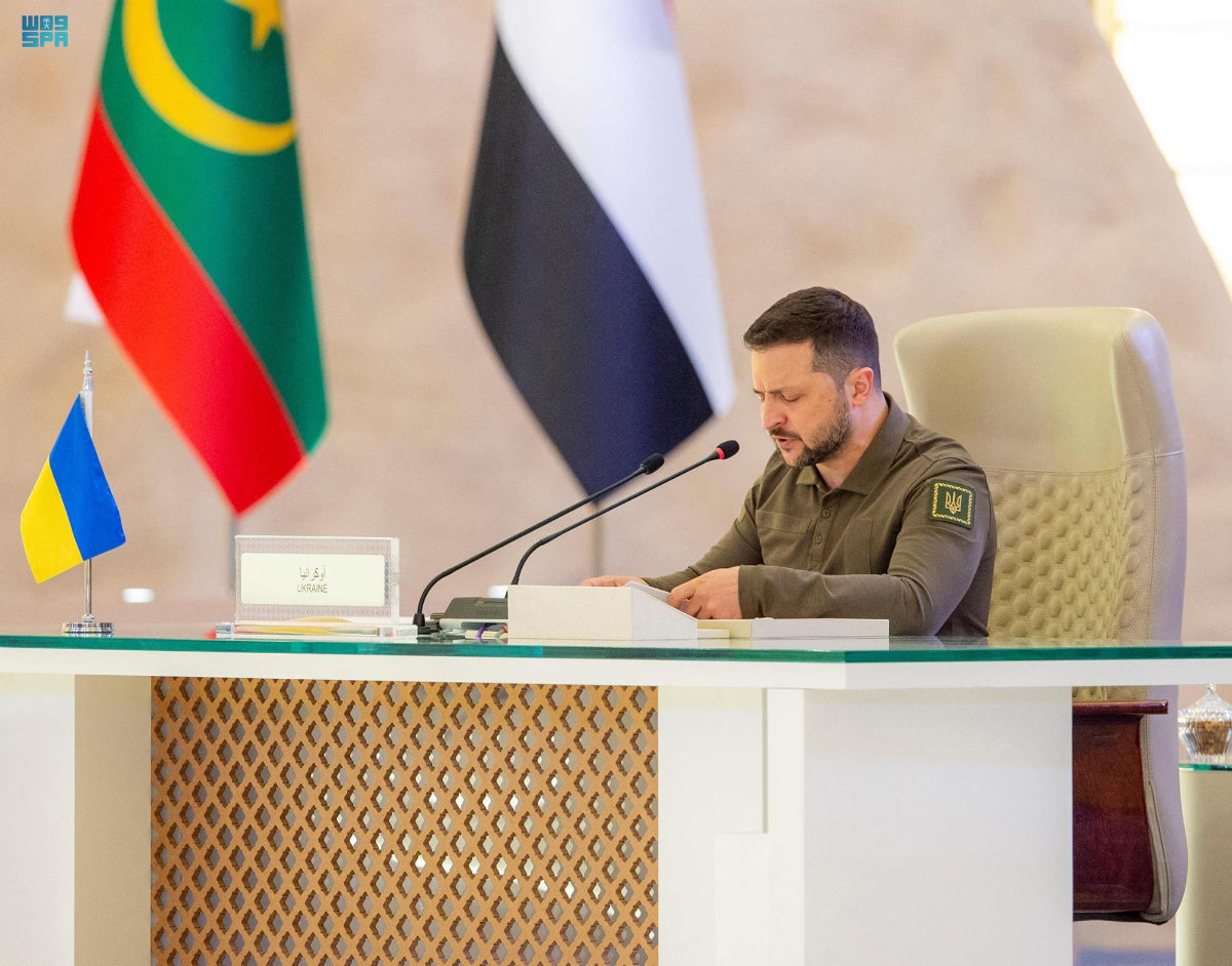 President Volodymyr Zelensky of Ukraine addresses the Arab League Summit in Jeddah on May 19, 2023. (SPA)
