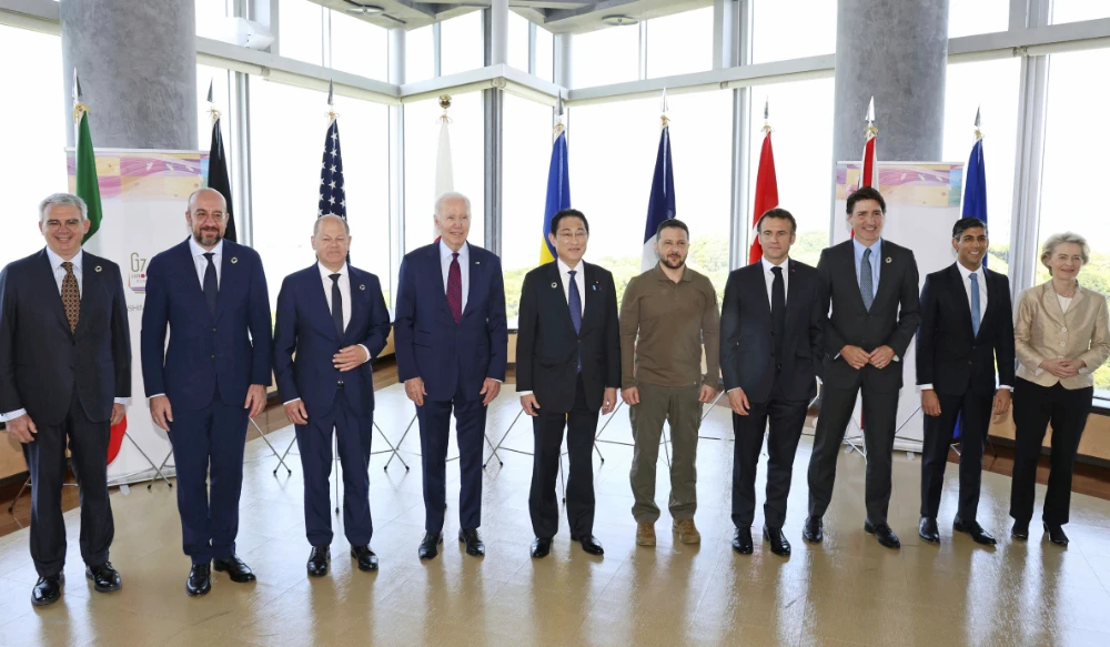 G7 leaders pose for a photo before a working session on Ukraine during the G7 Summit in Hiroshima May 21, 2023. (AP)