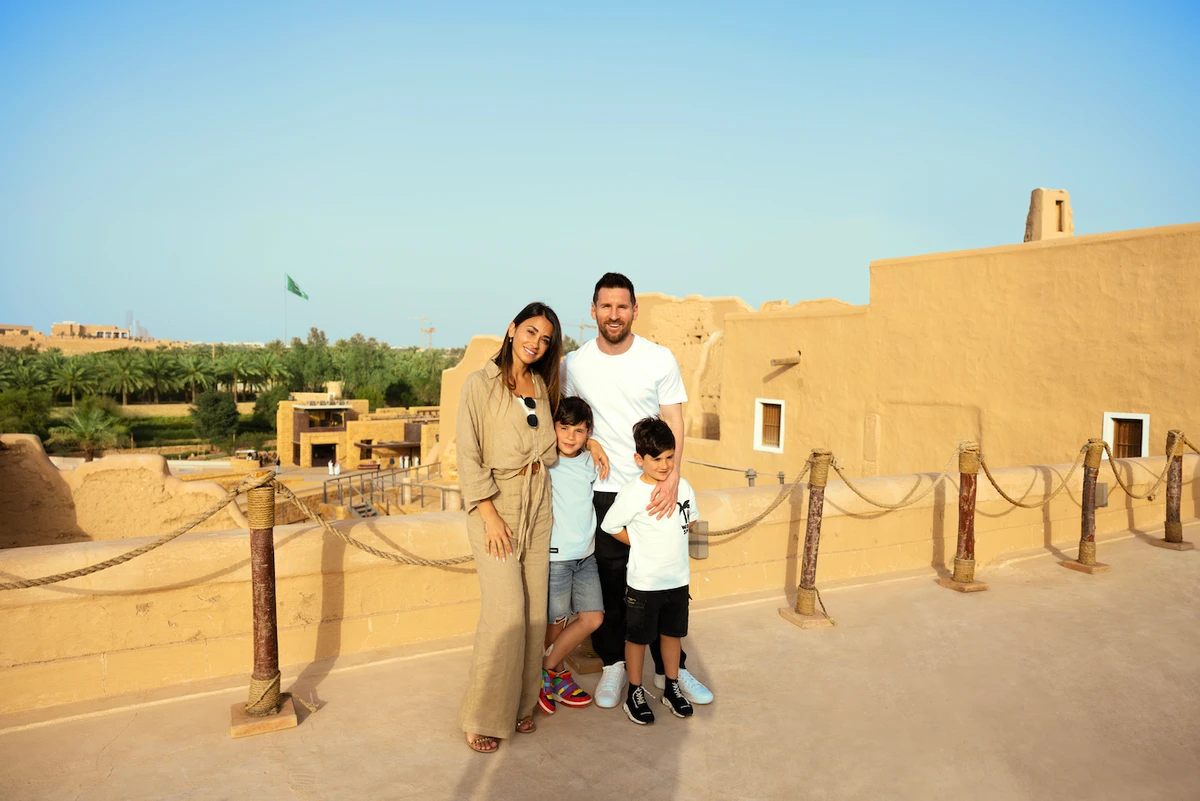 Messi, his wife Antonella and their kids Mateo and Ciro at Diriyah. (Supplied)
