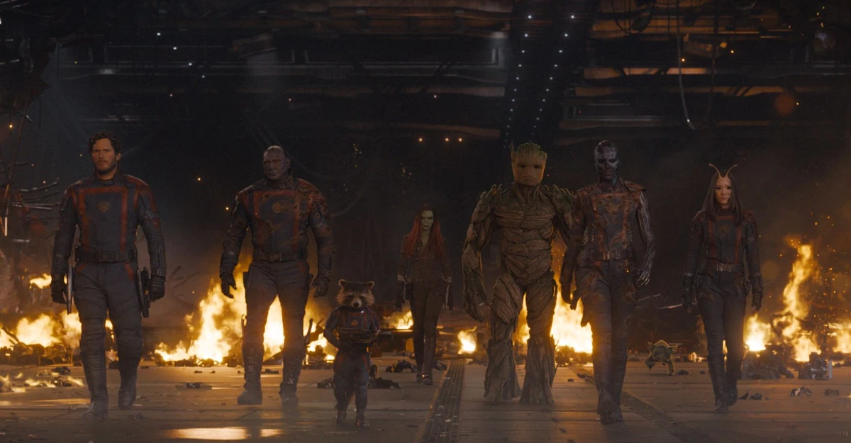 Chris Pratt as Peter Quill/Star-Lord, Dave Bautista as Drax, Rocket (voiced by Bradley Cooper), Zoe Saldana as Gamora, Groot (voiced by Vin Diesel), Karen Gillan as Nebula, and Pom Klementieff as Mantis in Marvel Studios' Guardians of the Galaxy Vol. 3. (Supplied)