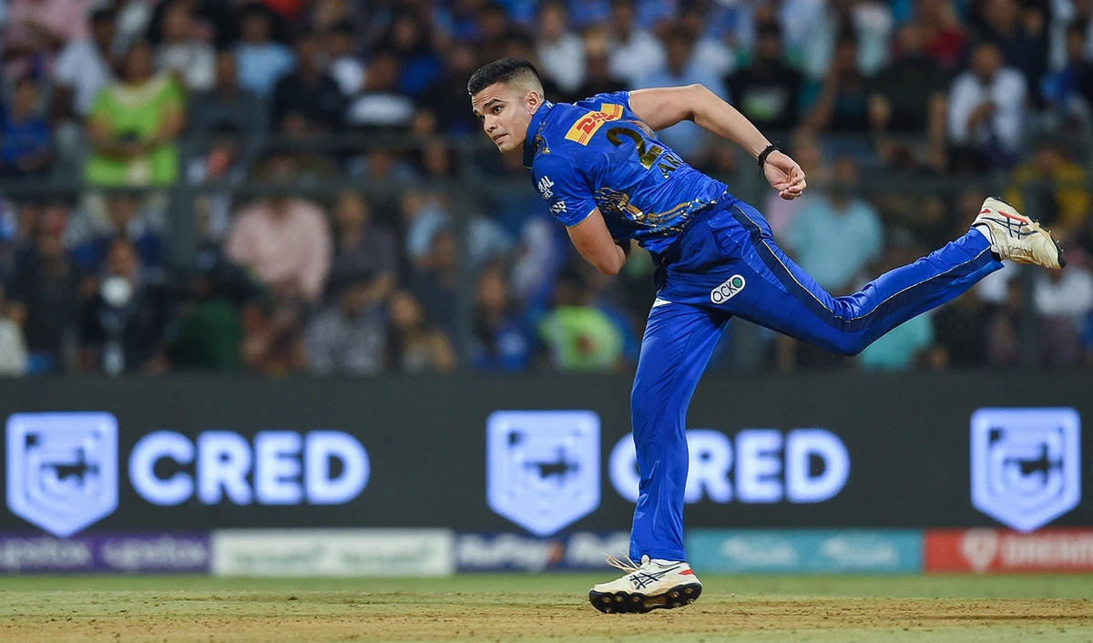 Mumbai Indians' Arjun Tendulkar bowls during the Indian Premier League (IPL) Twenty20 cricket match between Mumbai Indians and Punjab Kings at the Wankhede Stadium in Mumbai on April 22, 2023. (AFP)