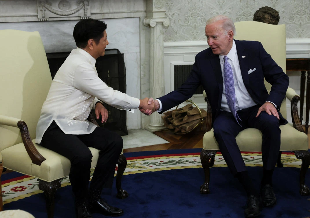 US President Joe Biden greets Philippine President Ferdinand Marcos Jr. during a bilateral meeting in the Oval Office at the White House in Washington on May 1, 2023. (Reuters)