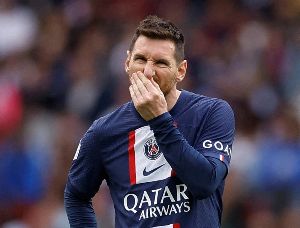 PSG’s Lionel Messi reacts during their Ligue 1 match against Lorient at Parc des Princes on Apr. 30, 2023. (Reuters)