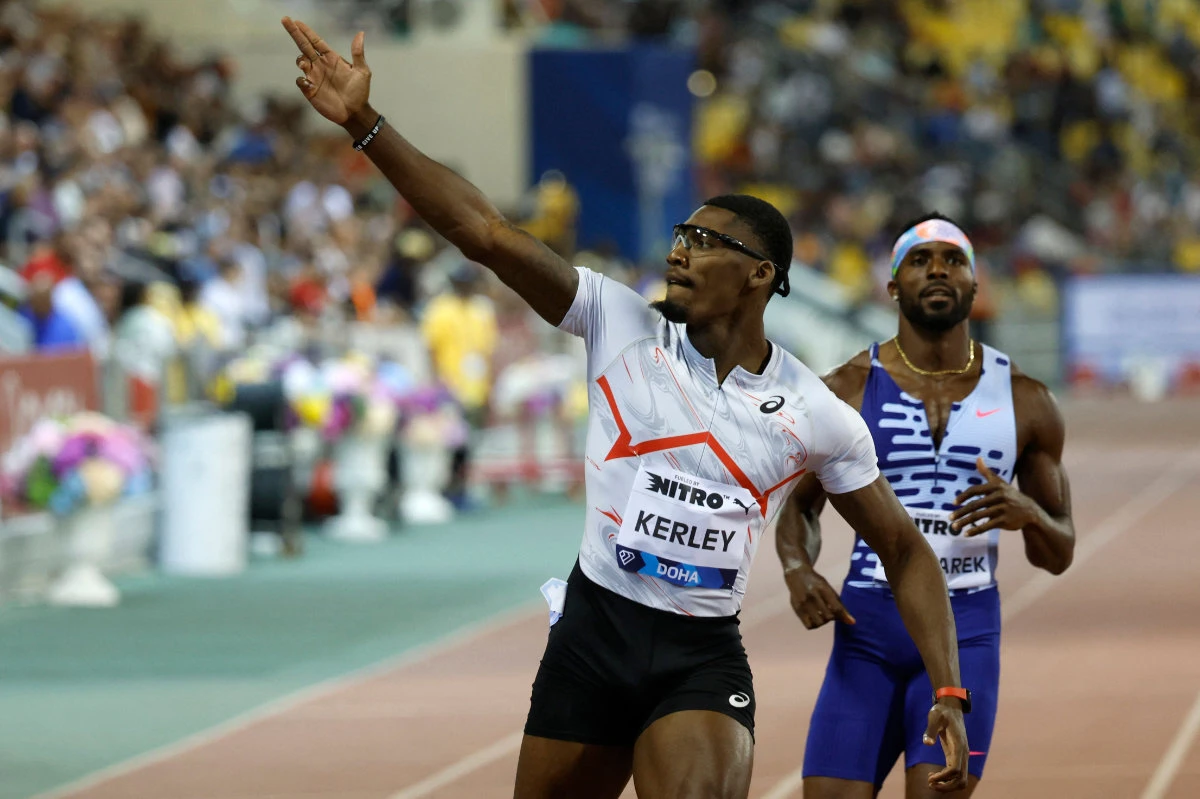 Fred Kerley of the US celebrates winning the men's 200m final during the IAAF Diamond League competition on Friday at the Suheim Bin Hamad Stadium in Doha. (AFP)