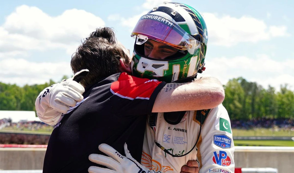 The picture posted by Emaan Ahmed May 2, 2023, shows him celebrating after winning the fourth position in Indy NXT Alabama Grand Prix in the United States. (Emaan Ahmed/Instagram)