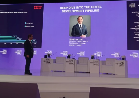 Turab Saleem, Knight Frank’s head of hospitality, speaking at the Future Hospitality Summit in Riyadh (AN)