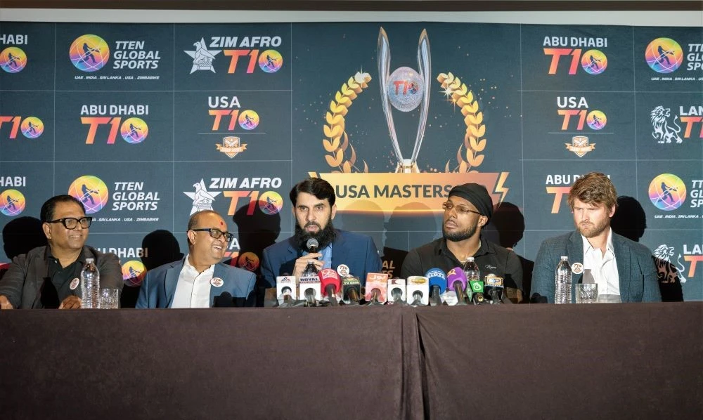 T-Ten Global Sports chairman Nawab Shaji Ul Mulk, co-organiser Amit Patel, former Pakistan captain Misbah-ul-Haq, Spencer Dinwiddie and former New Zealand bowler Corey Anderson. (Supplied)