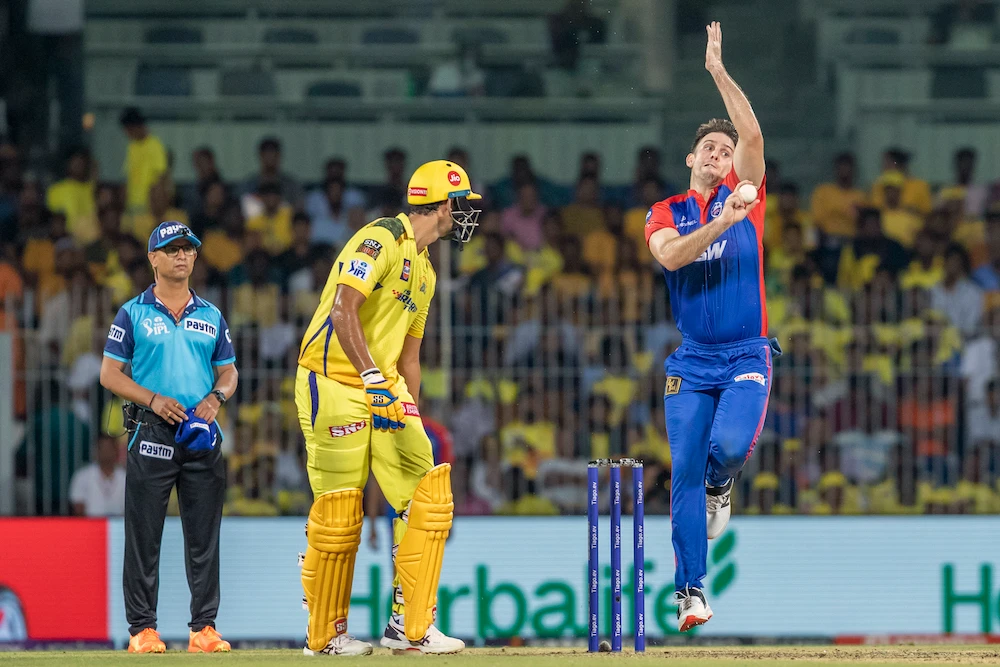 Delhi Capitals’ Mitchell Marsh bowls a delivery during the Indian Premier League cricket match between Delhi Capitals and Chennai Super Kings in Chennai on May 10, 2023. (AP)
