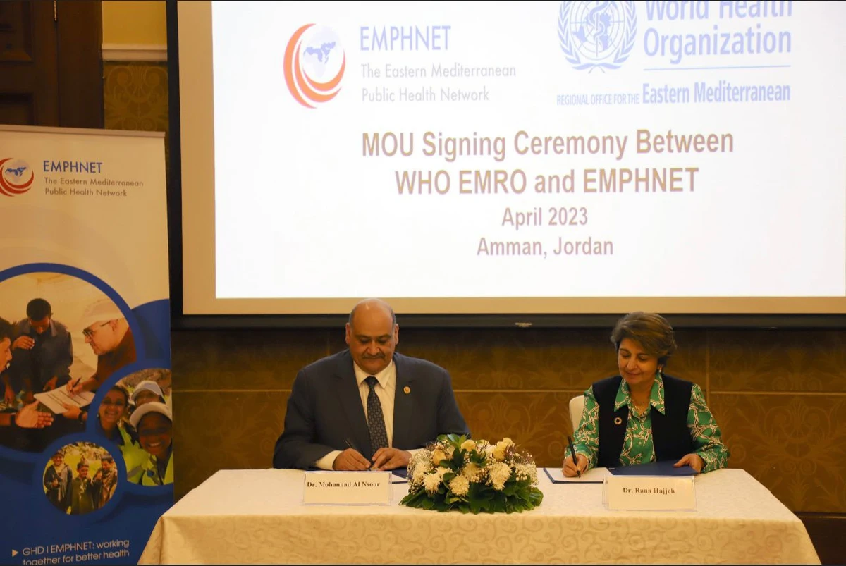 The representatives of the Amman-based Eastern Mediterranean Public Health Network (EMPHNET) and WHO’s Regional Office signing a memorandum of understanding on May 11, 2023. (Petra)