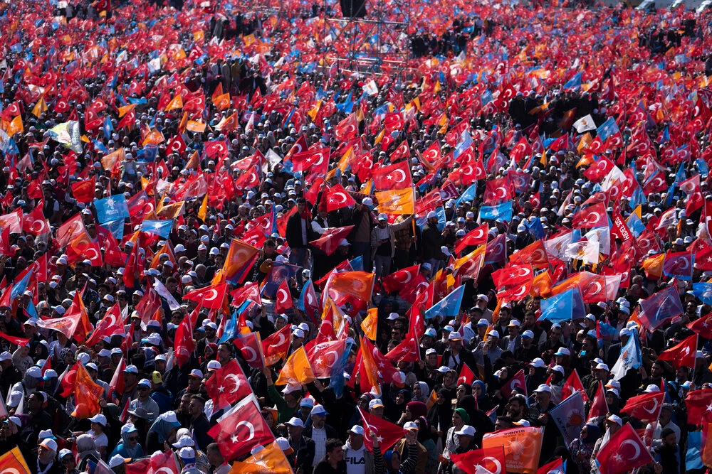 Supporters of People’s Alliance’s presidential candidate Recep Tayyip Erdogan attend an election rally campaign in Istanbul on May 7, 2023. Turkiye is heading toward presidential and parliamentary elections on May 14, 2023. (AP)