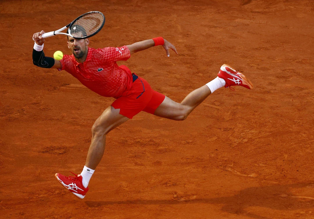 Serbia’s Novak Djokovic in action during his round of 64 match against Argentina’s Tomas Martin Etcheverry at the Italian Open — Foro Italico, Rome on May 12, 2023. (Reuters)