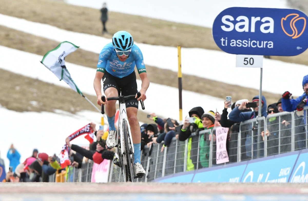 Italy's Davide Bais celebrates winning the 7th stage of the Giro D'Italia, Tour of Italy cycling race, from Capua to Gran Sasso, on May 12, 2023. (LaPresse via AP)