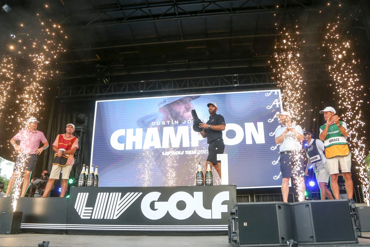 Dustin Johnson of Aces GC celebrates after winning the LIV Golf-Tulsa individual championship during Day Three of the LIV Golf Invitational - Tulsa at Cedar Ridge Country Club on Sunday in Broken Arrow, Oklahoma. (File/AFP)