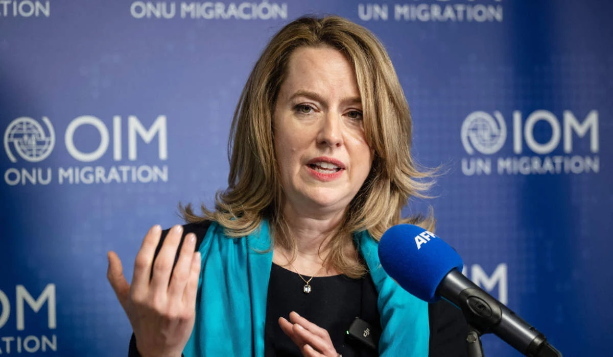 International Organization for Migration (IOM) Deputy Director-General Amy Pope of the US gestures during a press conference after being elected as new UN migration chief in Geneva, on May 15, 2023. (AFP)