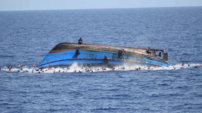 This file photo shows a boat that capsized off the coast of Libya in 2016. (Reuters/File)