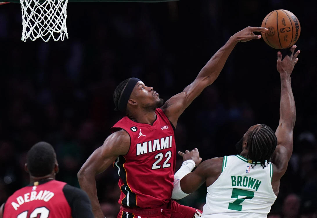 Miami Heat forward Jimmy Butler defends a shot by Boston Celtics guard Jaylen Brown during the second half of game two of the Eastern Conference Finals for the 2023 NBA playoffs at TD Garden. (USA TODAY Sports)