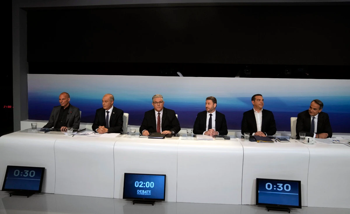 From right to left, New Democracy leader and Prime Minister Kyriakos Mitsotakis, SYRIZA-Progressive Alliance leader Alexis Tsipras, PASOK-Movement for Change leader Nikos Androulakis, Communist Party of Greece Secretary-General Dimitris Koutsoubas, Greek Solution leader Kyriakos Velopoulos, and MeRA25 Secretary Yanis Varoufakis wait for the start of debate at the premises of public broadcaster ERT in Athens, Greece, on May 10, 2023. (AP)