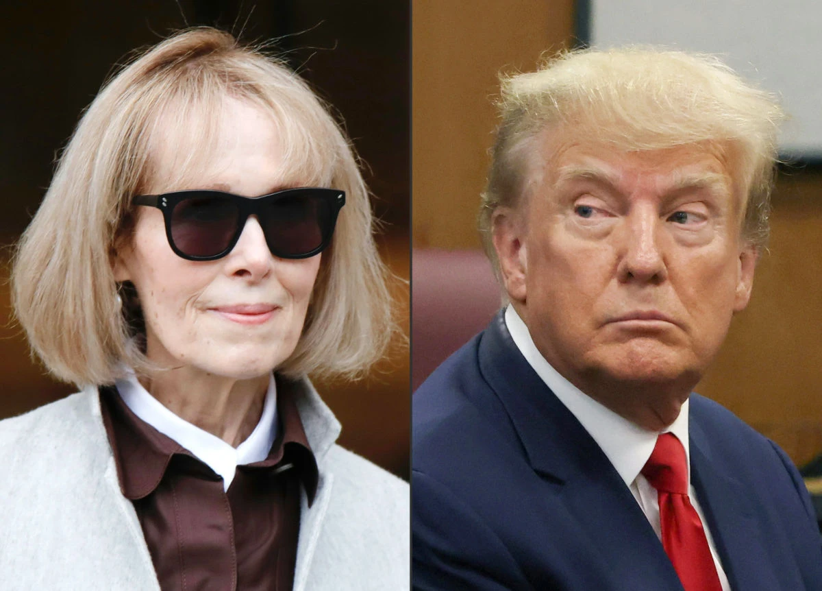This combination of file pictures created on May 9, 2023 shows, writer E. Jean Carroll (L) at the Manhattan Federal Court in New York on April 25, 2023; and former US president Donald Trump at the Manhattan Criminal Court in New York on April 4, 2023. (AFP)