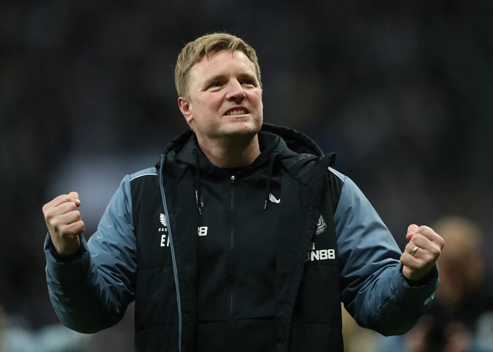 Newcastle United manager Eddie Howe celebrates after qualifying for the Champions League during their Premier League match against Leicester City at St. James’ Park, Newcastle on May 22, 2023. (Reuters)