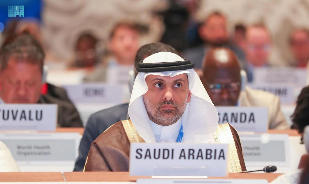 Fahad Al-Jalajel speaks at the 76th World Health Assembly in Geneva. (SPA)