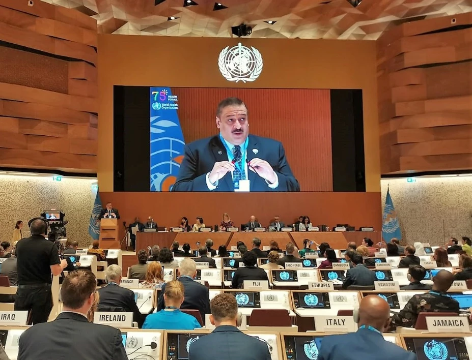 Kuwait’s health minister Dr. Ahmad Al-Awadhi addressing the World Health Assembly on May 26, 2023. (KUNA)