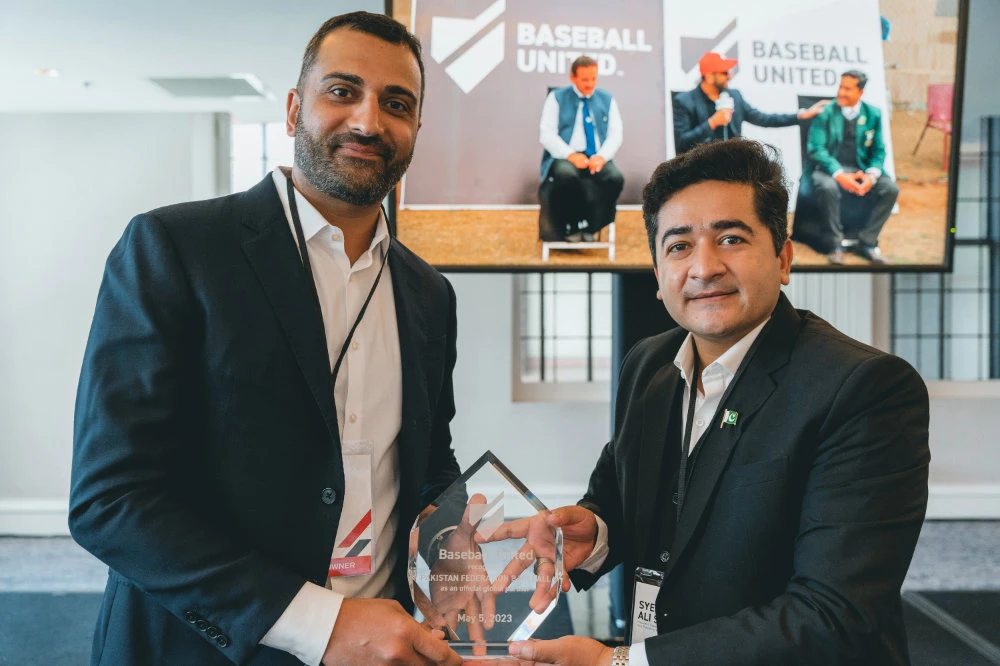Baseball United CEO Kash Shaikh (left) with Pakistan Federation Baseball founder Syed Khawar Shah. (Baseball United)