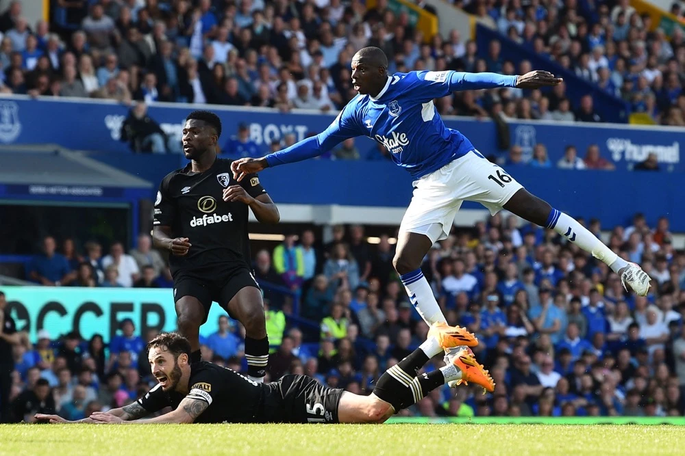 Everton's French midfielder Abdoulaye Doucoure (R) reacts as he scores his team's goal during the English Premier League football match between Everton and Bournemouth at Goodison Park in Liverpool, north west England on Sundayl. (AFP)