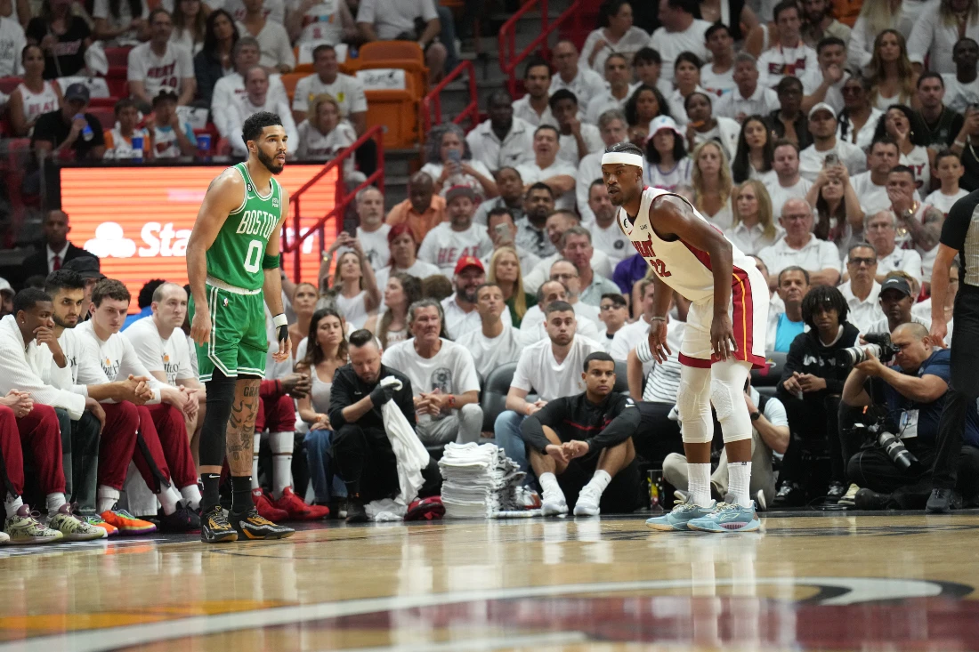 Jimmy Butler #22 of the Miami Heat and Jayson Tatum #0 of the Boston Celtics look on during Game 6 of the Eastern Conference Finals. (File/AFP)