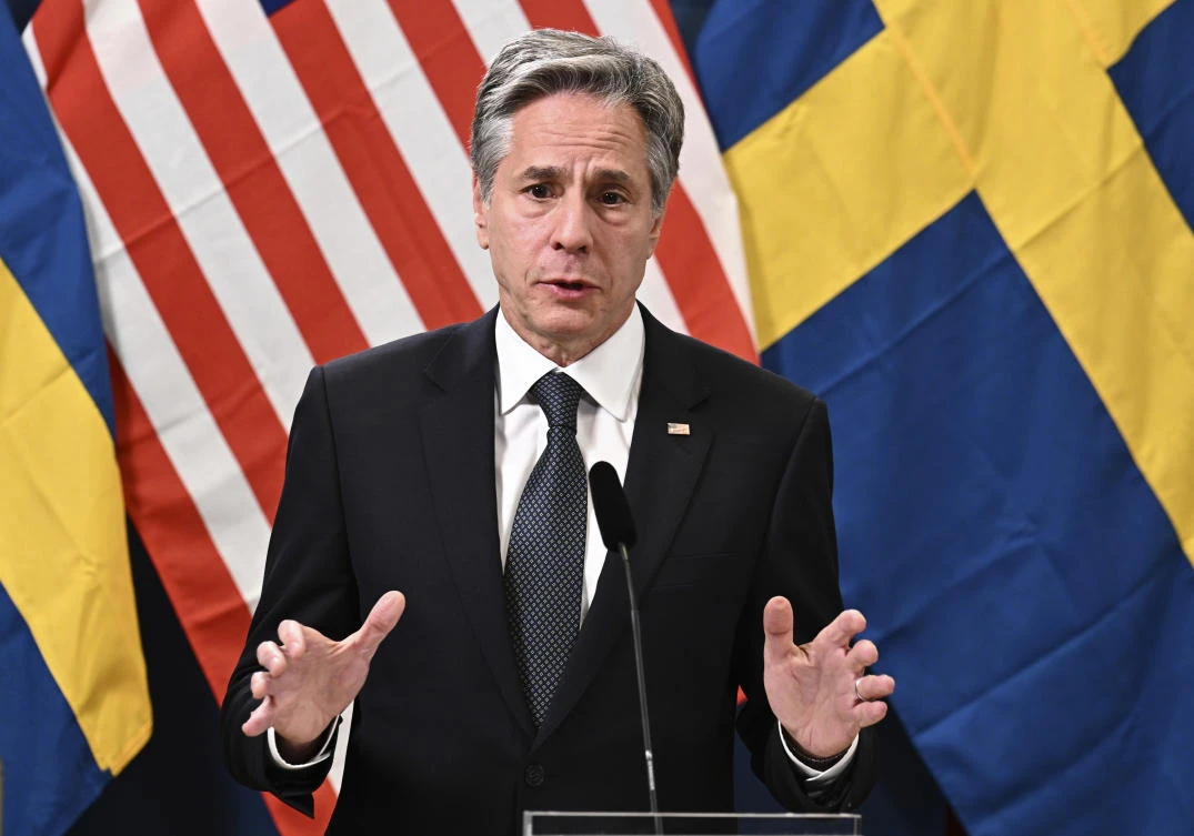 US Secretary of State Antony Blinken speaks during a press meeting in Lulea, Sweden, on May 30, 2023 (AP)