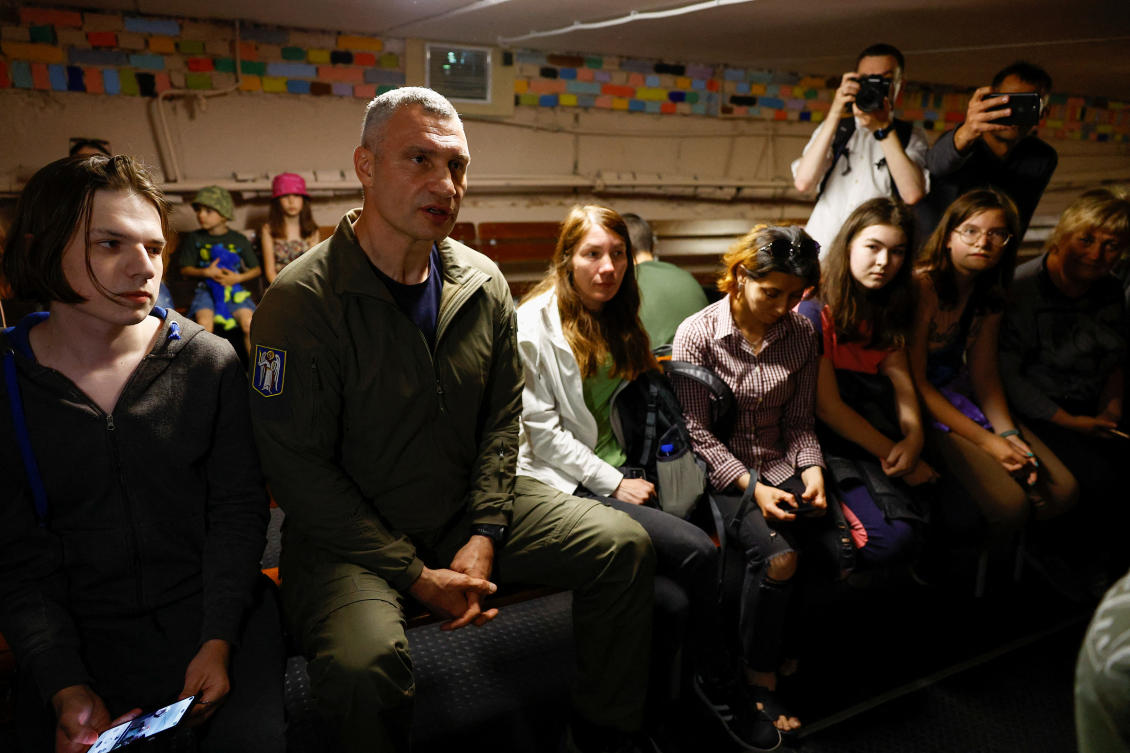 Mayor of Kyiv Vitali Klitschko takes cover inside shelter with local residents during an air raid alert, amid Russia’s attack on Ukraine, in Kyiv on June 1, 2023. (Reuters)