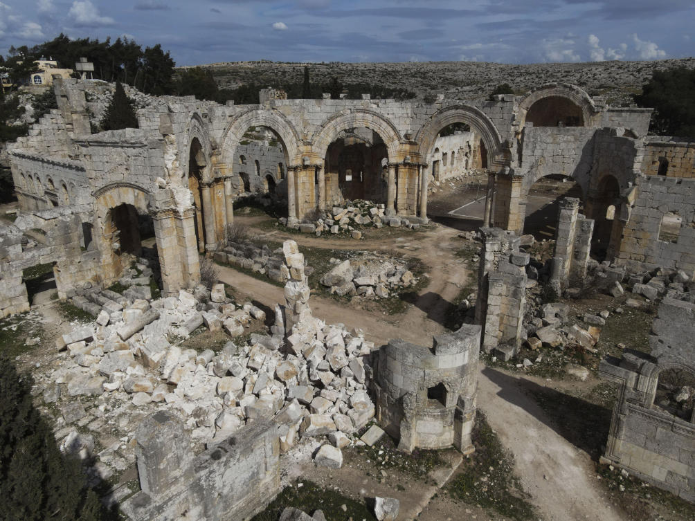 A general view of the Church of Saint Simeon, 30 kilometers (19 miles) northwest of Aleppo, Syra, is seen Wednesday, March 8, 2023. The Byzantine-era church suffered destruction during the war and was further damaged in the February 2023 earthquake, which hit Turkey and Syria. (AP Photo/Omar Albam)