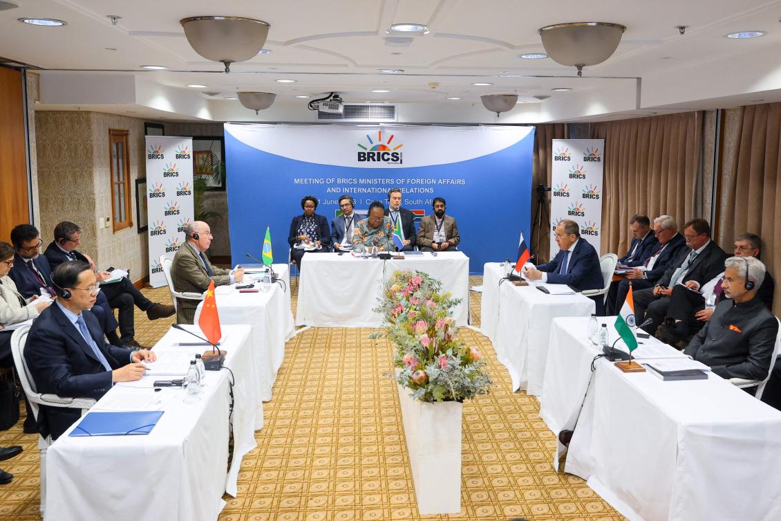 Top diplomats from Brazil, Russia, India, China and South Africa meet in Cape Town for talks on the bloc’s ambition to provide an alternative to a western-led global order. (Russian Foreign Ministry/AFP)