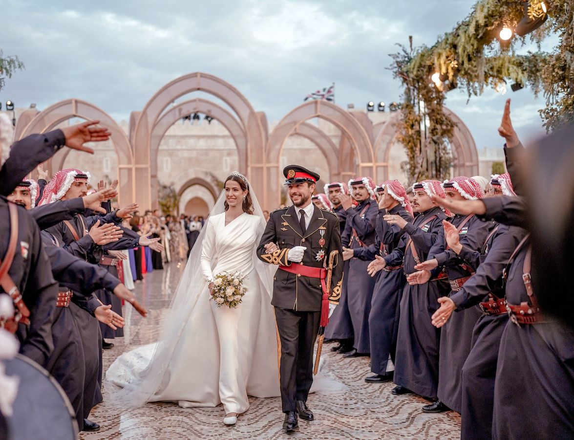For her bridal look, Princess Rajwa wore a classic white gown from celebrity-loved Lebanese couturier Elie Saab. (Reuters)