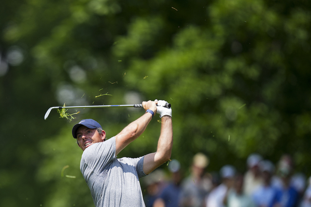 Rory McIlroy plays his shot from the ninth fairway during the third round of the Memorial golf tournament at the Muirfield Village Golf Club Saturday.(USA TODAY Sports)