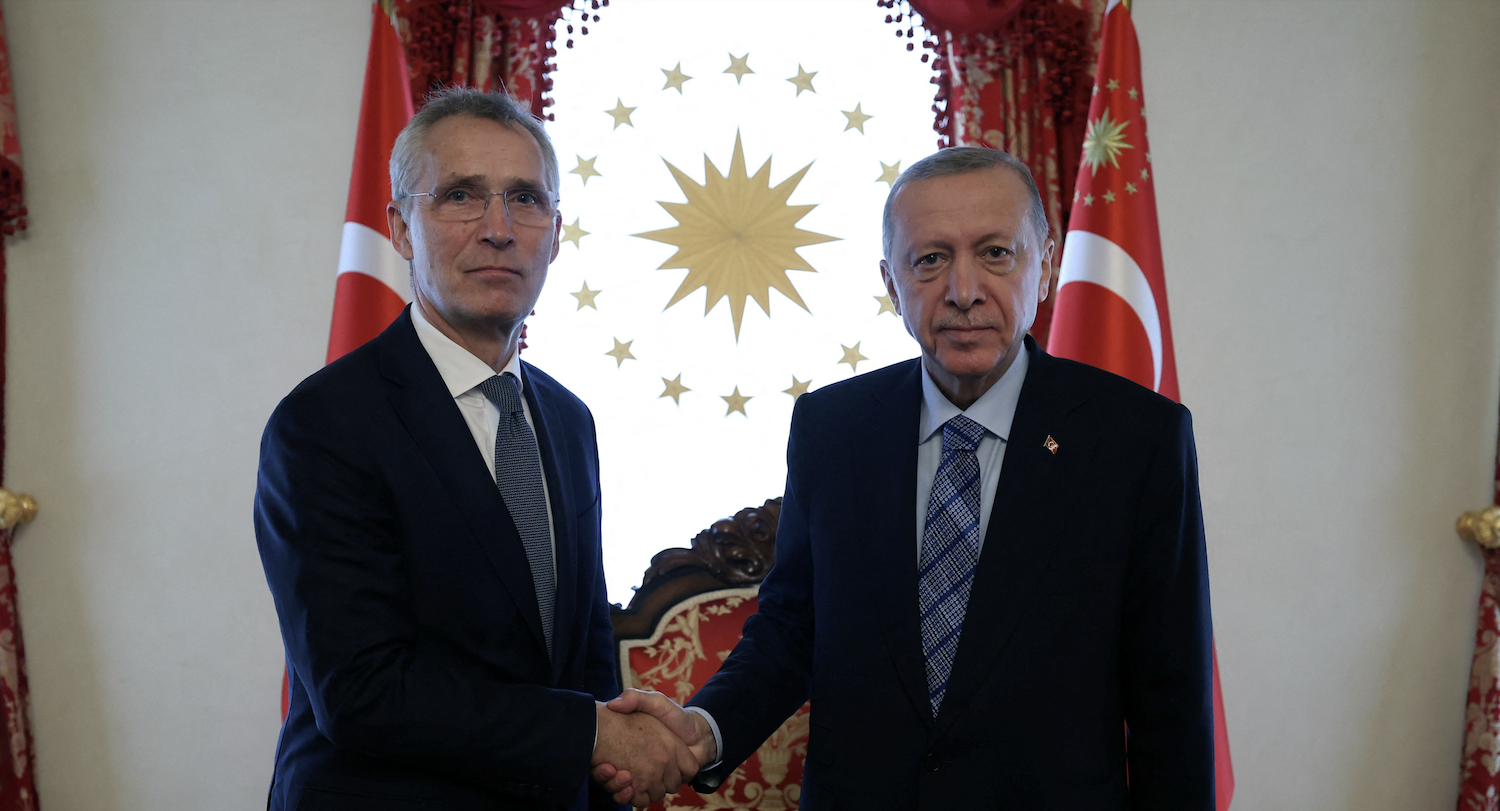 Turkey’s President Tayyip Erdogan shakes hands with NATO Secretary General Jens Stoltenberg in Istanbul, Turkey, June 4, 2023. (Reuters)