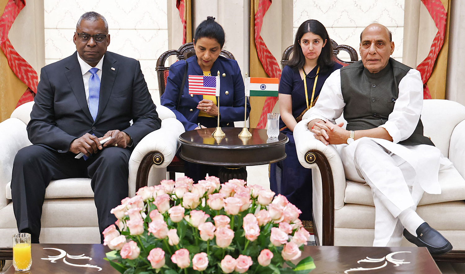 India's Defence Minister Rajnath Singh, right, and US Secretary of Defense Lloyd Austin, left, during their meeting in New Delhi on June 5, 2023. (Indian Ministry of Defence via AFP)