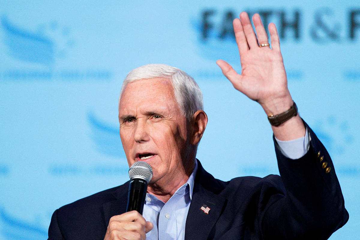 Former U.S. Vice President Mike Pence speaks at the Iowa Faith & Freedom Coalition Spring Kick-off in West Des Moines, Iowa, U.S. April 22, 2023. (REUTERS)