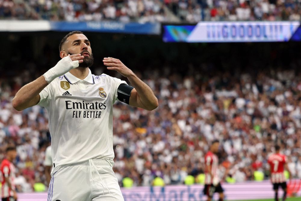 Real Madrid's French forward Karim Benzema celebrates scoring a goal from the penalty spot during the Spanish league football match between Real Madrid CF and Athletic Club Bilbao. (File/AFP)