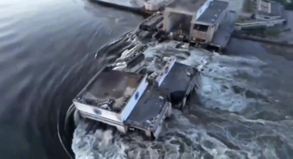 In this image taken from video released by the Ukrainian Presidential Office, water runs through a breakthrough in the Kakhovka dam in Kakhovka, on Jun. 6, 2023. (AP)
