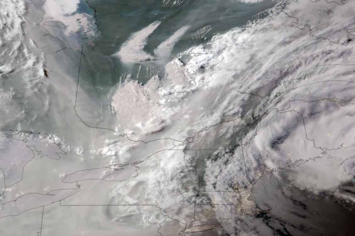 The effects of hundreds of wildfires burning in Quebec, Canada could be felt as far away as New York City and New England. Above, a satellite image taken on June 5, 2023 shows smoke from wildfires in Quebec drifting southward. (CIRA/NOAA via AP)