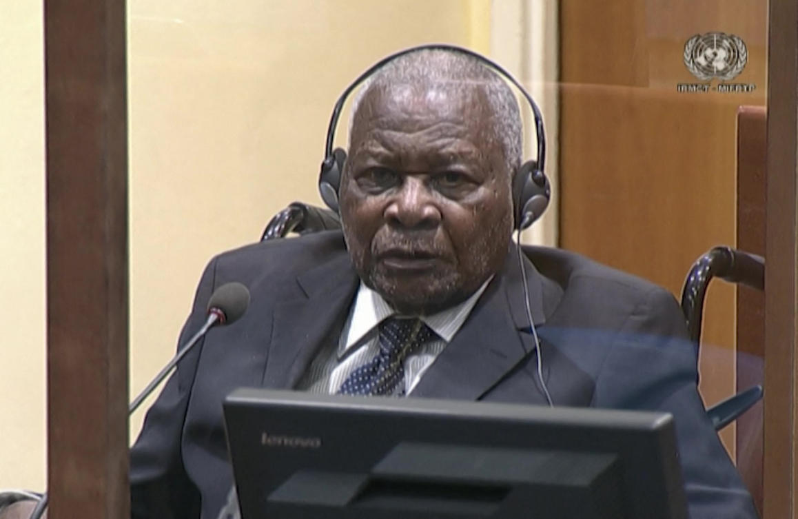 Felicien Kabuga, an alleged financier of the 1994 genocide in Rwanda, during a hearing in The Hague on Aug. 18, 2022. (MICT/AFP)