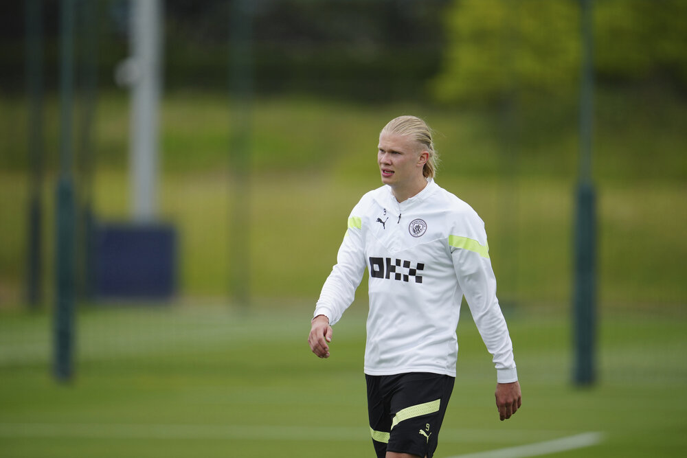 Manchester City’s Erling Haaland is seen after training with teammates at a UEFA Champions League Media Day before the forthcoming Champion’s League final, Manchester, on Jun. 6, 2023. (AP)