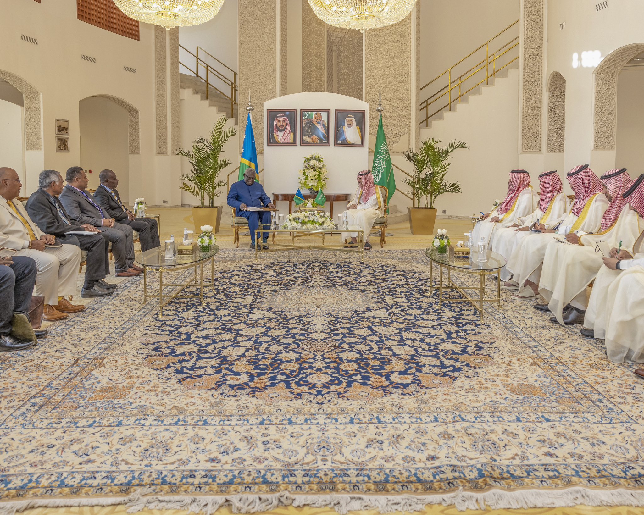 Saudi Foreign Minister Prince Faisal bin Farhan receives Prime Minister of the Solomon Islands Manasseh Sogavare. (Twitter/@KSAMOFA)