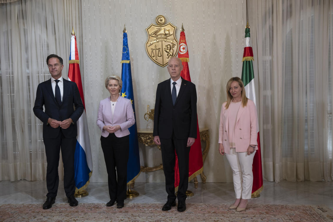 From left, Dutch Prime Minister Mark Rutte, European Commission President Ursula von der Leyen, Tunisian President Kais Saied, and Italian Premier Giorgia meloni meet in Tunis, Sunday, June 11, 2023. (AP)