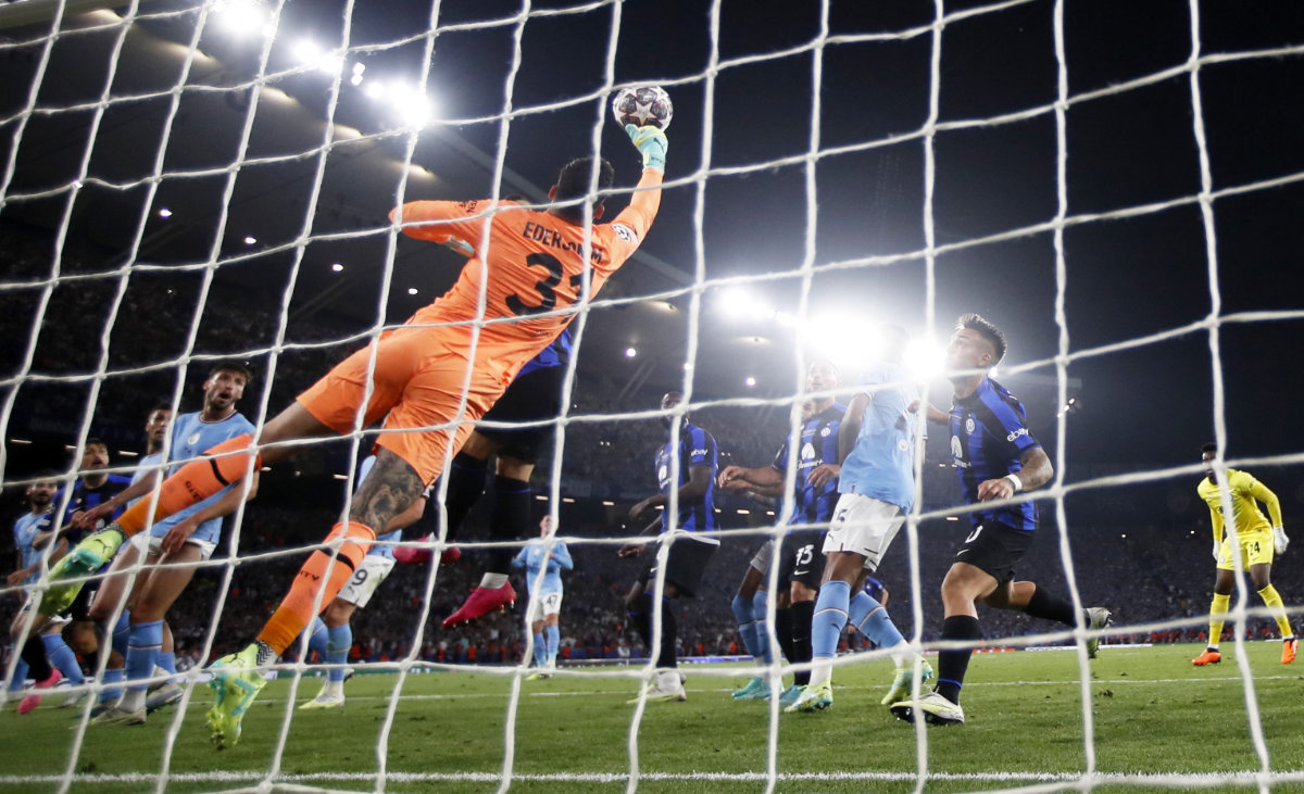 Manchester City's Ederson saves a header from Inter Milan's Robin Gosens during Saturday's Champions League Final at the Ataturk Olympic Stadium in Istanbul, Turkey. (REUTERS)
