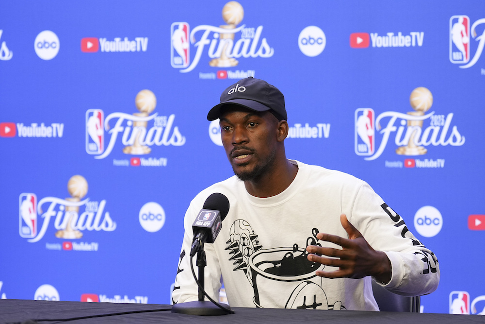 Miami Heat forward Jimmy Butler talks during a news conference Sunday in Denver. Miami take on the Denver Nuggets in Game 5 of the NBA Finals on Monday. (AP)